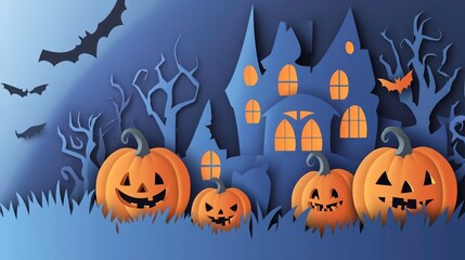 Fototapeta premium Paper cut-out of a haunted house with pumpkins and bats for Halloween.