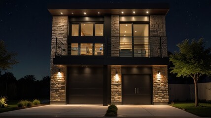 Modern two-story house with stone facade and double garage illuminated at night.