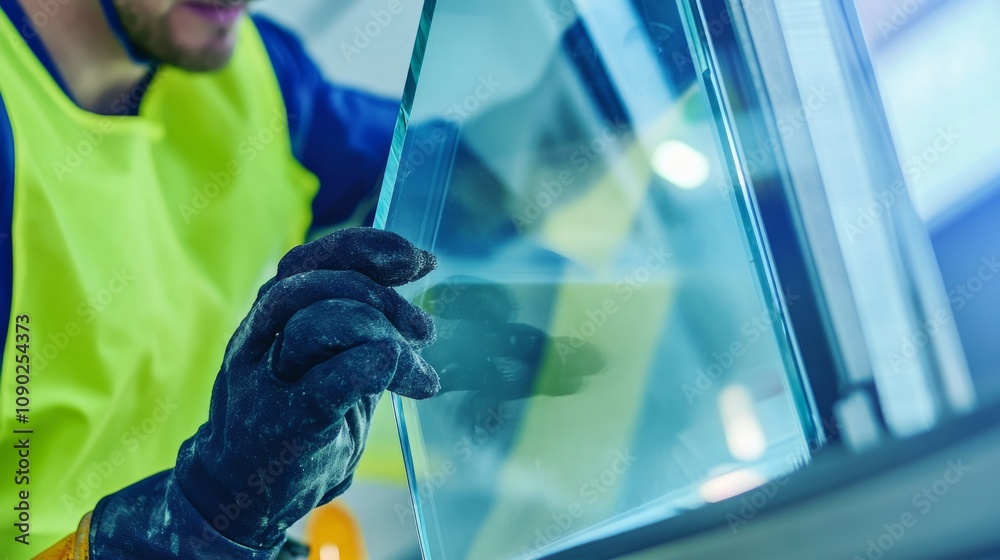 Poster a close-up of a glazier in safety gear carefully fitting a large pane of glass into a window frame, 