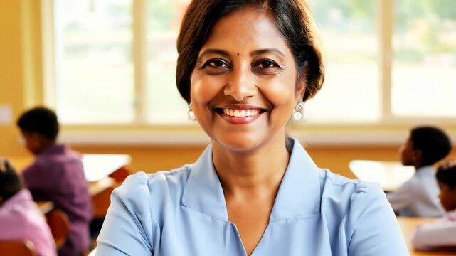 Portrait of smiling female Indian teacher in a class at school looking at camera. Meet our dedicated female teacher, who believes that a smile can make all the difference in education.