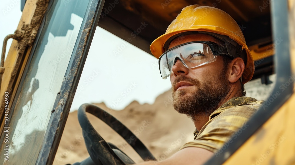 Poster a close-up of a heavy machinery operator in a hard hat and protective eyewear, looking out from the 