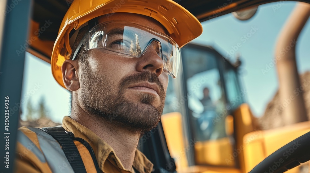 Poster a close-up of a heavy machinery operator in a hard hat and protective eyewear, looking out from the 