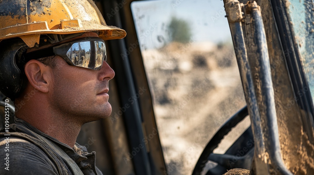 Poster a close-up of a heavy machinery operator in a helmet and protective eyewear, looking out from the ca
