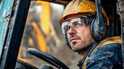 A close-up of a heavy machinery operator in a helmet and protective eyewear, looking out from the cab of an excavator on a construction site, Excavation scene