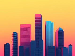 Obraz premium A vibrant city skyline at sunset, featuring tall buildings silhouetted against a colorful gradient sky of pink, purple, and orange hues.