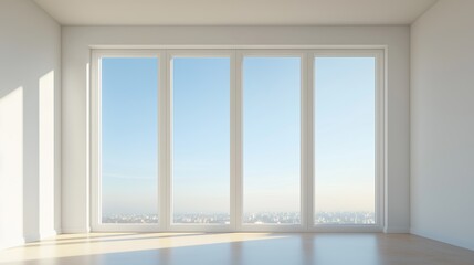 Fototapeta premium Interior view of an empty room in a skyscraper, showcasing the cityscape during the day. The skyline view from a high-rise window offers a gorgeous property with a stunning view.