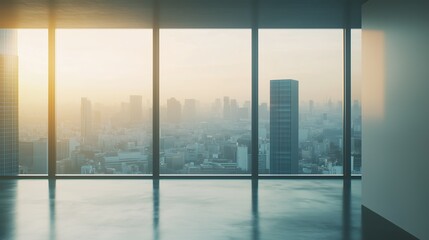 Fototapeta premium Interior view of an empty room in a skyscraper, showcasing the cityscape during the day. The skyline view from a high-rise window offers a gorgeous property with a stunning view.
