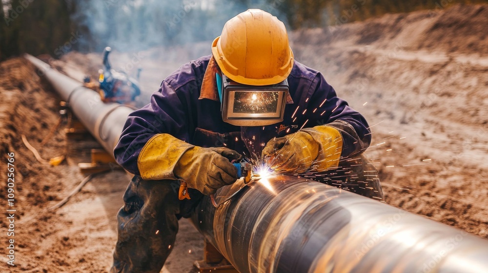 Poster a close-up of a pipeline worker in a hard hat and safety goggles, welding a pipeline with sparks fly