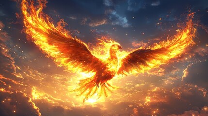 Fiery Phoenix Rising in Dramatic Sky Mythical Bird Fantasy Art Fire Wings Legendary Creature