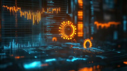 Abstract futuristic background with glowing orange and blue digital data and graphs.