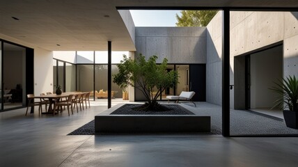 Here's a  and keyword list for your stock photo.. Modern minimalist courtyard home interior with concrete walls, dining area, and central plant.