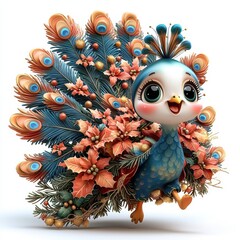 Fototapeta premium Charming Christmas Peacock Chick: A delightful illustration of a cartoon peacock chick adorned with festive poinsettias and greenery. Perfect for holiday cards, children's books.