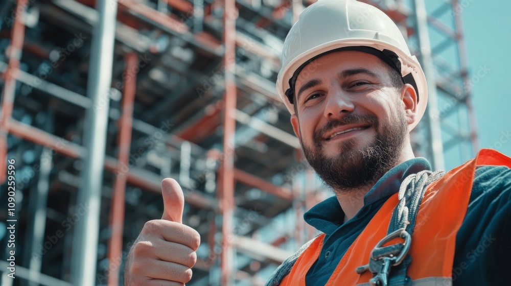 Poster A close-up of a scaffolder in a hard hat and harness, giving a thumbs up with scaffolding structures in the background, Scaffolding scene
