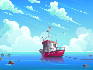 Fishing boat at sea Ship on ocean wave © nearbirds