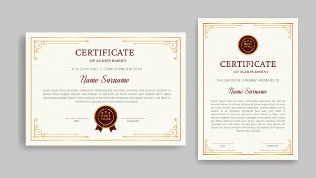 Simple Certificate of achievement border template design. Luxury Award, diploma. Elegant and luxurious certificate template. Vector illustration