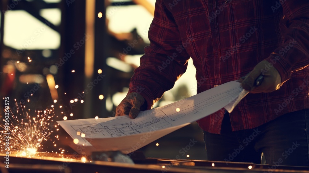 Poster a close-up of a site engineer examining blueprints, with a steel structure and welding sparks in the