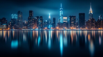 Fototapeta premium Nighttime city skyline reflecting on water, showcasing illuminated buildings and vibrant lights.