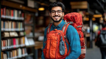 Fototapeta premium A smiling young man with a backpack stands in a library filled with books.