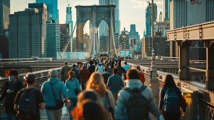 A bustling pedestrian bridge filled with people enjoying the city life