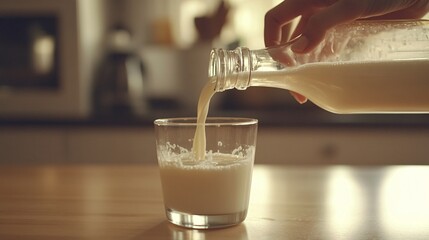 92.A detailed image of a young womanâ€™s hand holding a glass bottle, pouring fresh dairy milk into a clear glass on a light wooden kitchen table. The soft, natural light creates a calm, healthy