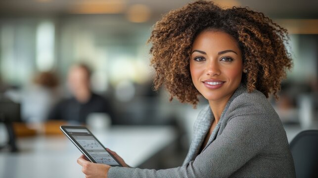A woman with curly hair smiles while using a tablet in a modern office setting.