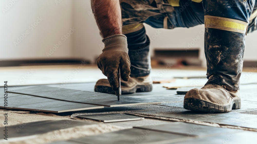 Poster a close-up of a tiler in work clothes and knee pads, holding a tile with a half-tiled floor in the b