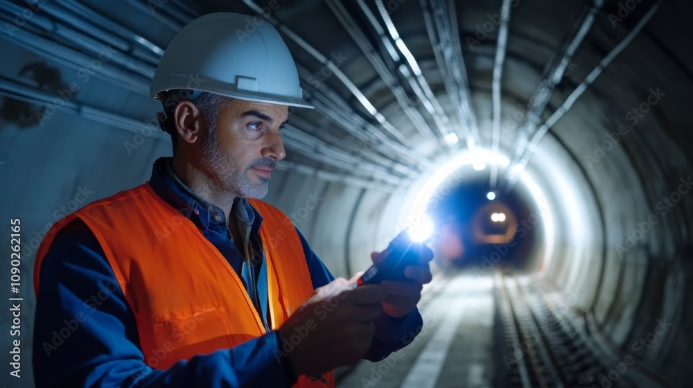 Poster a close-up of a tunnel engineer in a hard hat and safety vest, holding a flashlight with a partially