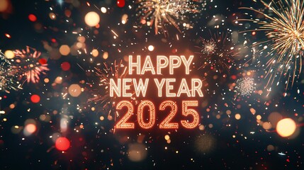 Vibrant Celebration for New Year 2025 with Sparkling Fireworks and Colorful Bokeh Background, Expressing Joy and Excitement for the Coming Year