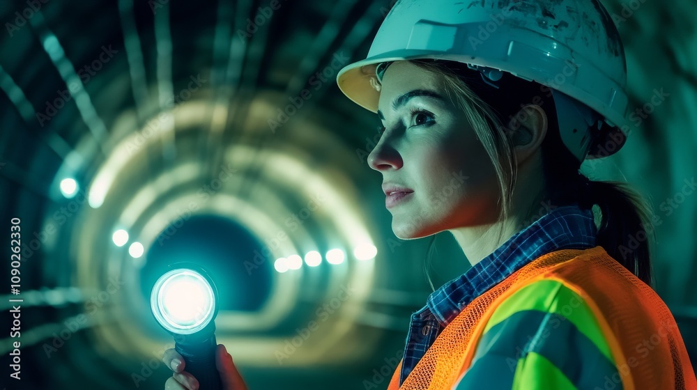 Poster a close-up of a tunnel engineer in a hard hat and safety vest, holding a flashlight with a partially