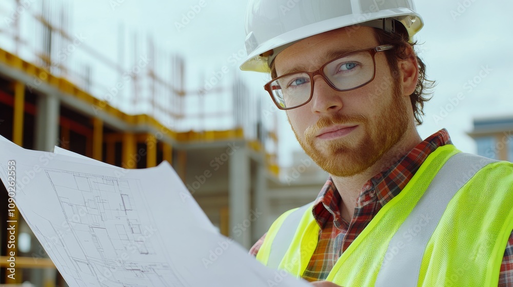 Poster a close-up of an architect in a hard hat and safety vest, reviewing blueprints and looking at the ca