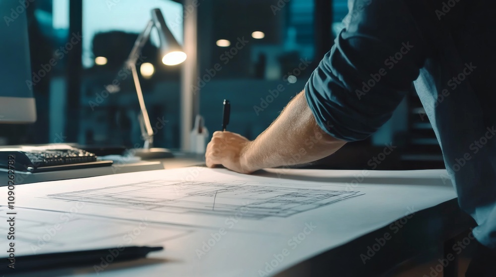 Poster a close-up of an architect reviewing blueprints on a drafting table with a modern office background,