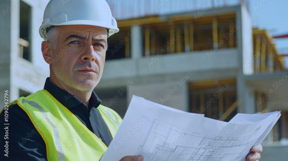 Poster a close-up of an architect in a hard hat and safety vest, reviewing blueprints and looking at the ca
