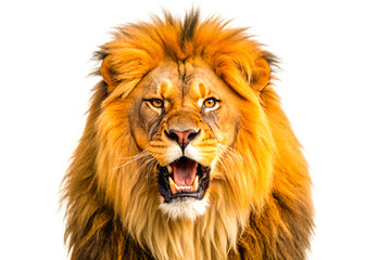 Angry lion on isolated transparent background, Closeup front view portrait of roaring lion head face, open mouth, jaw, big teeth, isolated on transparent background.