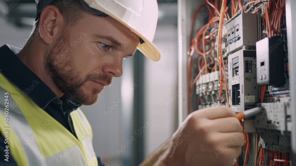 Poster a close-up of an electrician in a hard hat and reflective vest, examining a circuit breaker panel wi