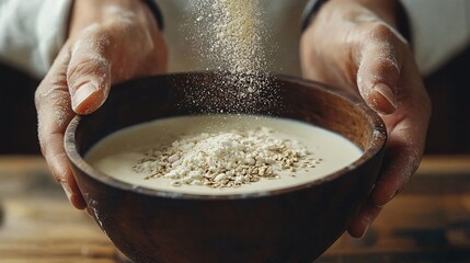 Fototapeta premium A close-up of hands adding flour over a wooden bowl filled with milk and oats, showcasing the process of preparing a wholesome breakfast or dessert recipe at home.
