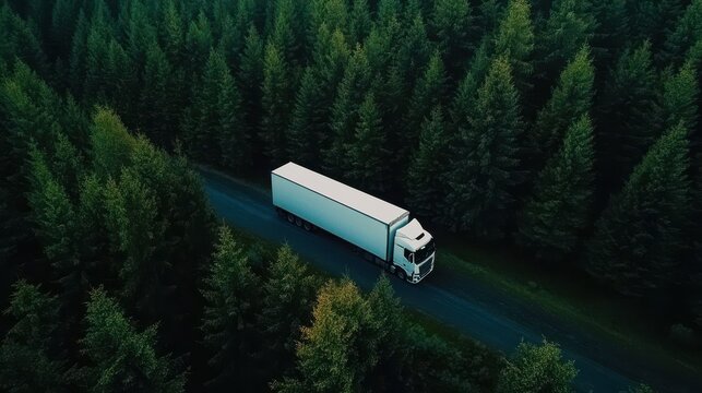 A truck driving along a road surrounded by dense green forest.