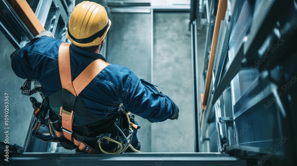 Poster a close-up of an elevator installer in a uniform and safety harness, working on elevator components 