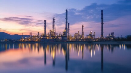 Fototapeta premium Industrial landscape at sunset with reflection in water.