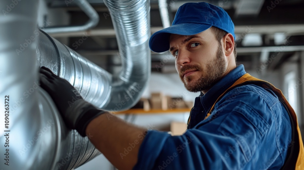 Poster a close-up of an hvac installer in a uniform and cap, installing a ventilation duct with a building 
