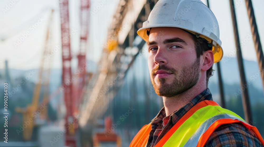 Poster a close-up portrait of a bridge construction worker in a hard hat and reflective vest, standing on a