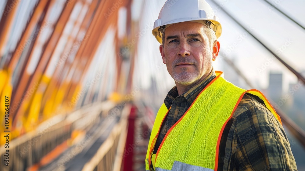 Poster A close-up portrait of a bridge construction worker in a hard hat and reflective vest, standing on a bridge structure with cables and cranes in the background, Bridge construction scene