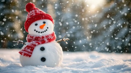 Fototapeta premium Smiling snowman in a red knitted hat and scarf, with stick arms and a carrot nose. Gentle snowflakes