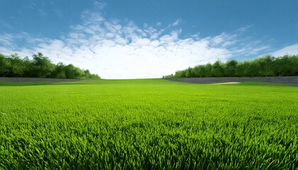 Fototapeta premium Green grass field and blue sky landscape