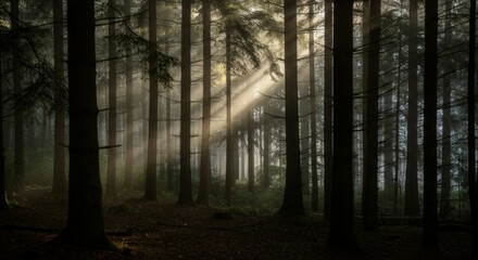 Fototapeta premium Misty forest with sunbeams filtering through tall pine trees