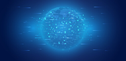 Quantum technologies computing. Big data transfer and visualization with technology pattern. Abstract tech background