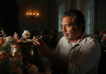 Hispanic man, around 50 years old, placing a hand on a polished urn in a serene, softly lit room filled with flowers.