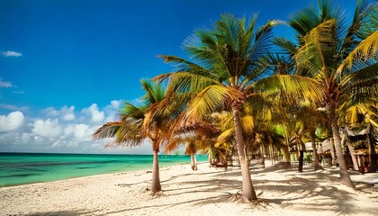 Obraz premium Summers Paradise A blurred background of a beautiful sandy beach with palm trees and a blue sky