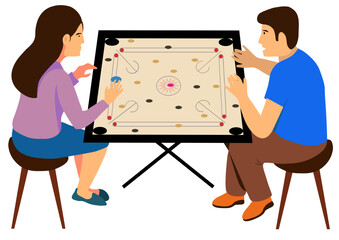 A man and woman playing carrom. A popular indoor board game in South Asia. Theme of recreation, bonding, competition, and traditional Indian leisure. Indian Pastime Hobby, Couple Playing Indoor game 