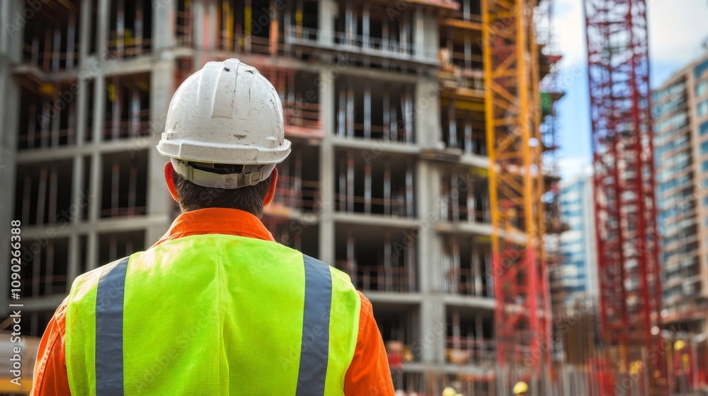 Poster a close-up portrait of a construction supervisor inspecting safety protocols at a high-rise building