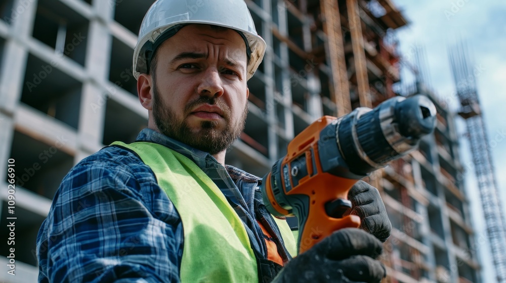 Poster a close-up portrait of a construction worker in a hard hat and safety vest, holding a power drill wi